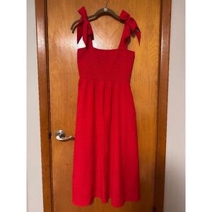 PinkBlush - Red Smocked Tie Strap Midi Dress